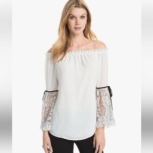 White House Black Market Off The Shoulder Floral Lace Sleeve Blouse Shirt Medium